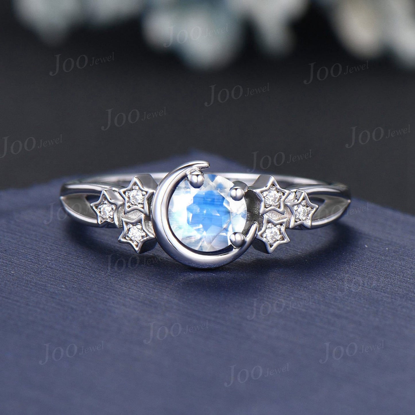 Round Natural Moonstone Promise Ring Rainbow Moonstone Moon Engagement Ring Sterling Silver Split Shank Cluster Star Wedding Ring for Women