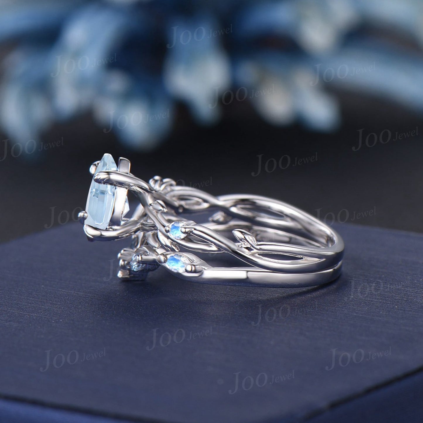 7*10mm Kite Cut Aquamarine Ring Set Sterling Silver Nature Inspired Natural Ocean Aquamarine Moonstone Bridal Set Twig Vine Promise Ring Set