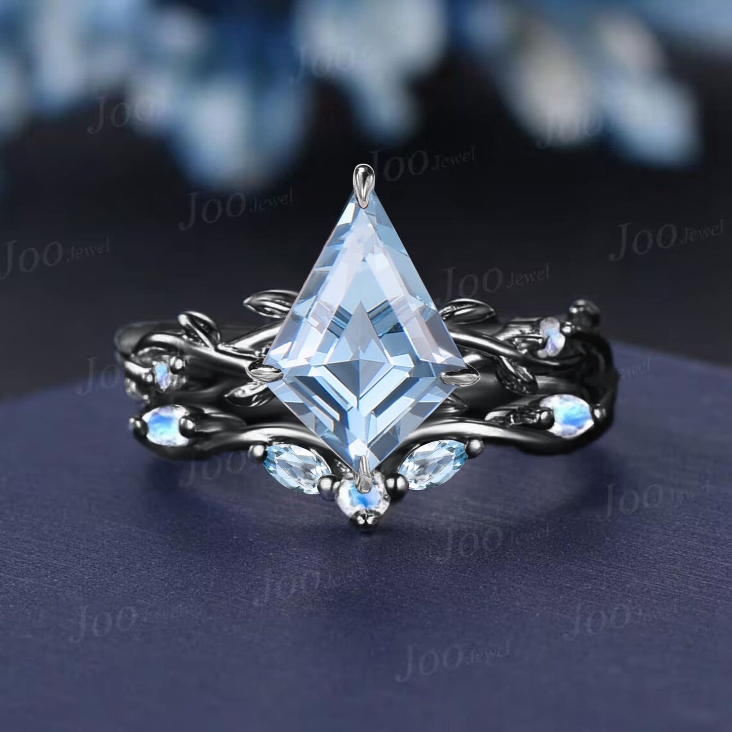 7*10mm Kite Cut Aquamarine Ring Set Sterling Silver Nature Inspired Natural Ocean Aquamarine Moonstone Bridal Set Twig Vine Promise Ring Set