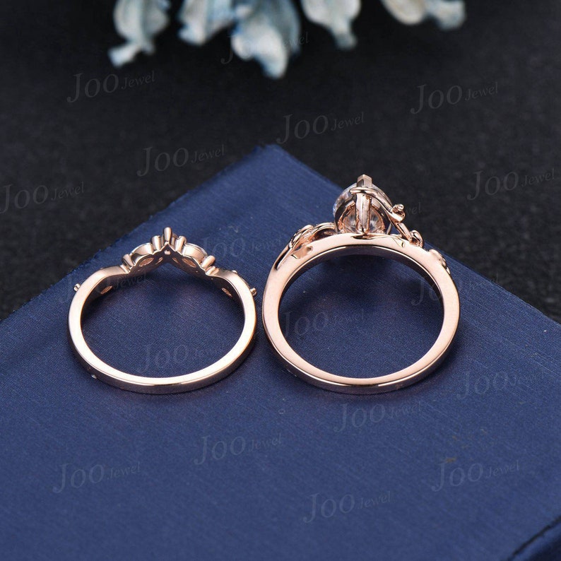 Pear Moissanite Engagement Ring Set 10K Rose Gold Teardrop Moissanite Wedding Ring Nature Inspired Ring Diamond Bridal Set