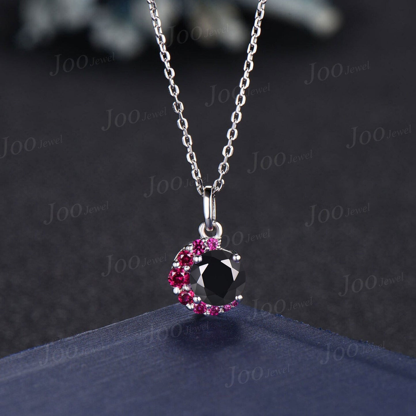 Round Cut Natural Black Onyx and Ruby Necklace Sterling Silver Crescent Moon Pendant Vintage Antique June Birthstone Necklace Birthday Gifts