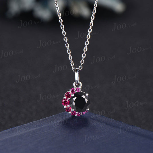 Round Cut Natural Black Onyx and Ruby Necklace Sterling Silver Crescent Moon Pendant Vintage Antique June Birthstone Necklace Birthday Gifts
