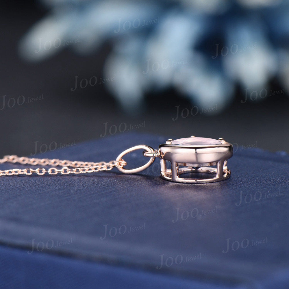 1ct Round Natural Rose Quartz Necklace Silver/14K Yellow Gold Half Moon Pink Gemstone Chain Necklace Valentine's Day Jewelry Gift for Couple