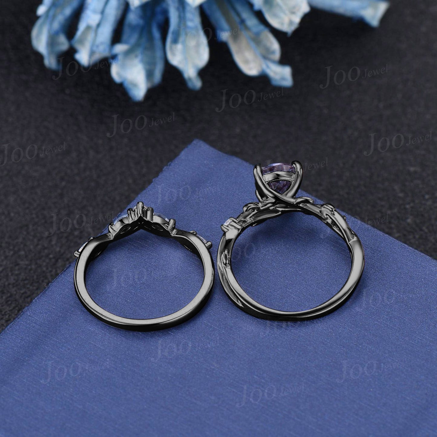 Black Ring Set Nature Inspired Color-Change Alexandrite Amethyst Bridal Set Twig Vine Pear Alexandrite Engagement Ring June Birthstone Gifts