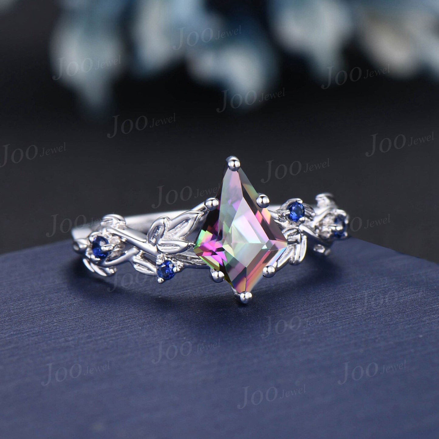 Mystic Topaz Sapphire Bridal Set 14K White Gold Kite Cut Rainbow Mystic Topaz Engagement Ring Leaf Branch Crossover Wedding Ring for Women