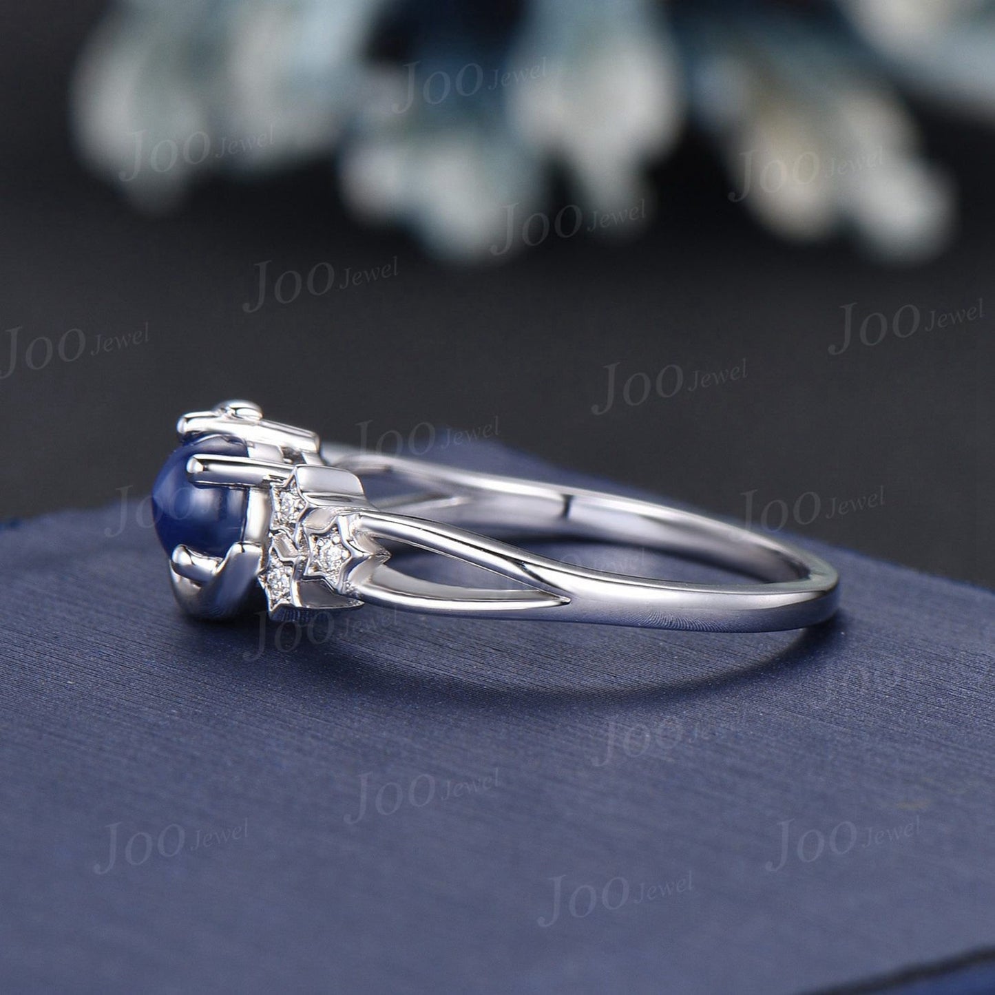 5mm Round Star Sapphire Moon Star Engagement Ring Cluster Wedding Ring Split Shank Band Unique Personalized Anniversary/Promise Ring for Her