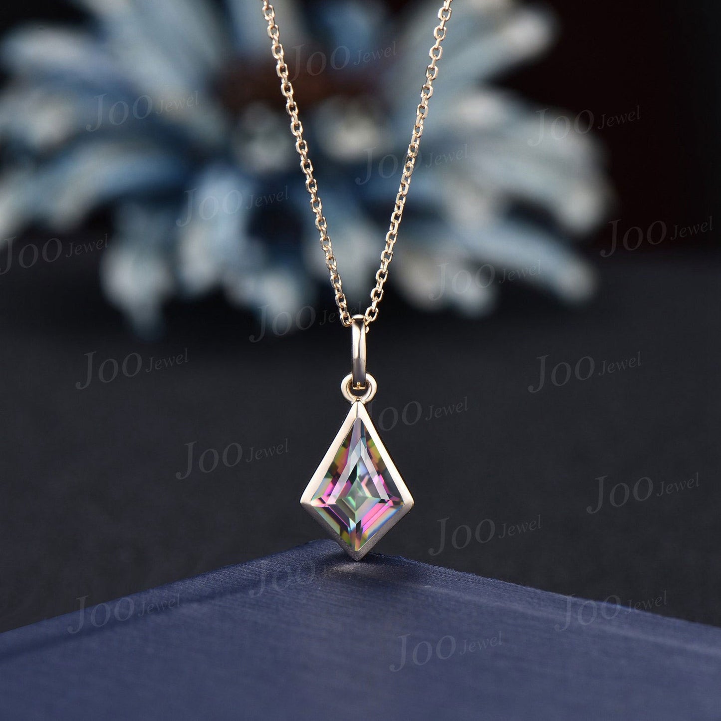 Bezel Set Mystic Topaz Necklace 1ct Kite Cut Rainbow Topaz Pendant 14K Solid Rose Gold Gemstone Unique Solitaire Bridal Necklace for Women