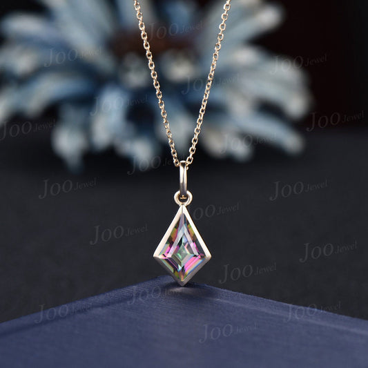 Bezel Set Mystic Topaz Necklace 1ct Kite Cut Rainbow Topaz Pendant 14K Solid Rose Gold Gemstone Unique Solitaire Bridal Necklace for Women