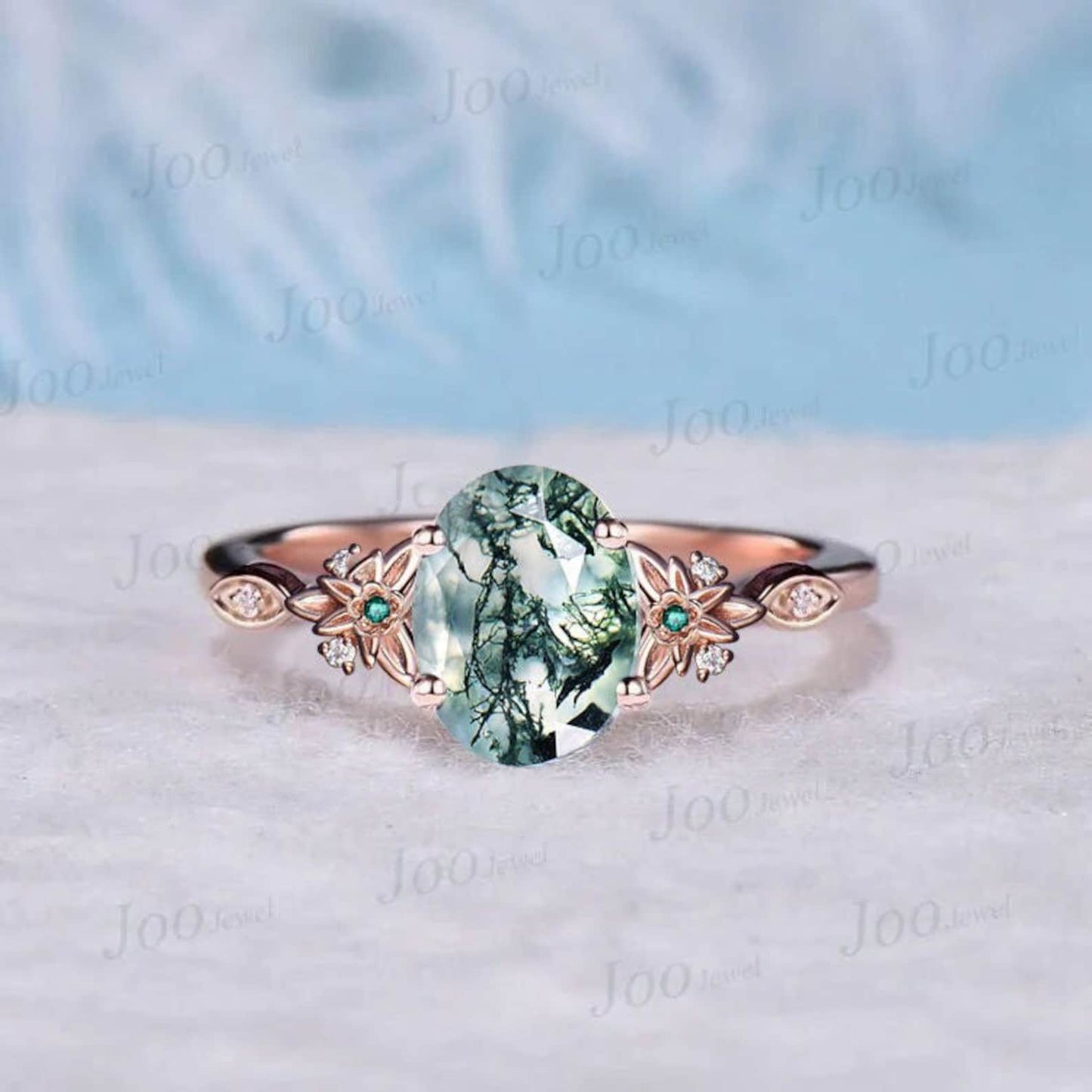 Vintage Oval Natural Green Moss Agate Emerald Engagement Ring Rose Gold Twig Leaf Floral Antique Unique Cluster Diamond Bridal Wedding Ring