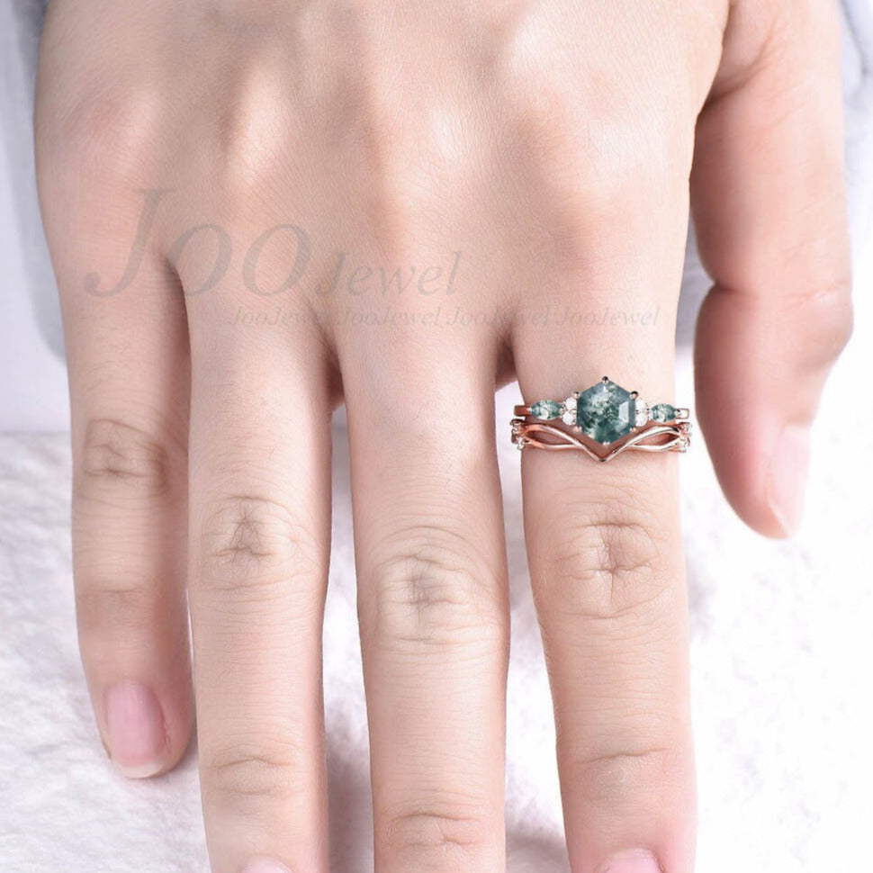 Hexagon Moss Agate Ring Set Green Gemstone Ring 1ct Hexagon Engagement Ring Natural Aquatic Agate Bridal Set Twig Vine Green Wedding Ring