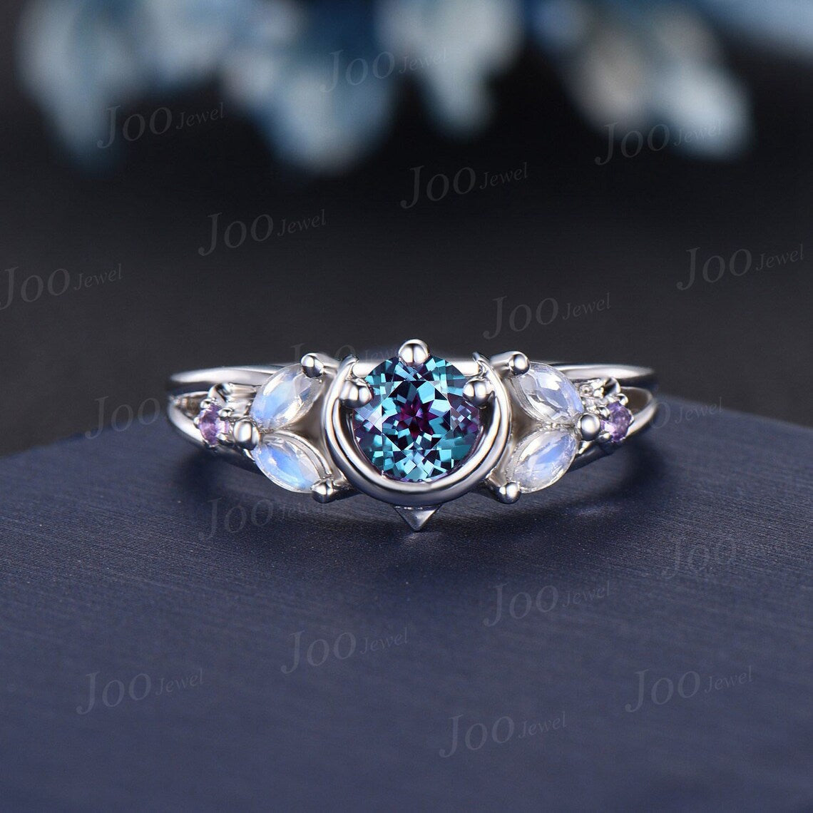 5mm Color-Change Alexandrite Engagement Ring Moon Star Ring White Gold Split Shank Design Moonstone Amethyst Celestial Wedding Ring Platinum