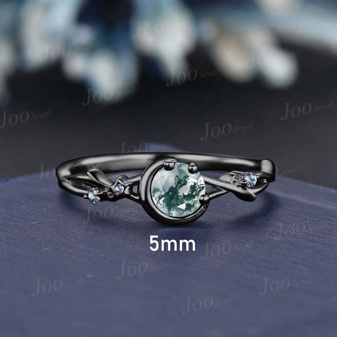 Nature Inspired Natural Moss Agate Ring Moon Star Design Vintage Round Moss Agate Twig Vine Engagement Ring Cluster Alexandrite Promise Ring