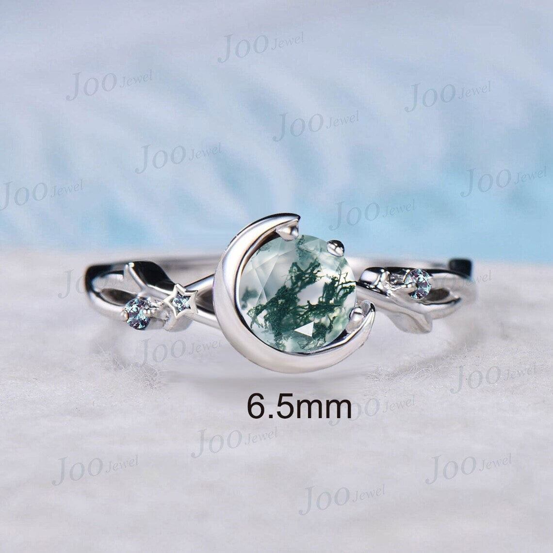 Nature Inspired Natural Moss Agate Ring Moon Star Design Vintage Round Moss Agate Twig Vine Engagement Ring Cluster Alexandrite Promise Ring