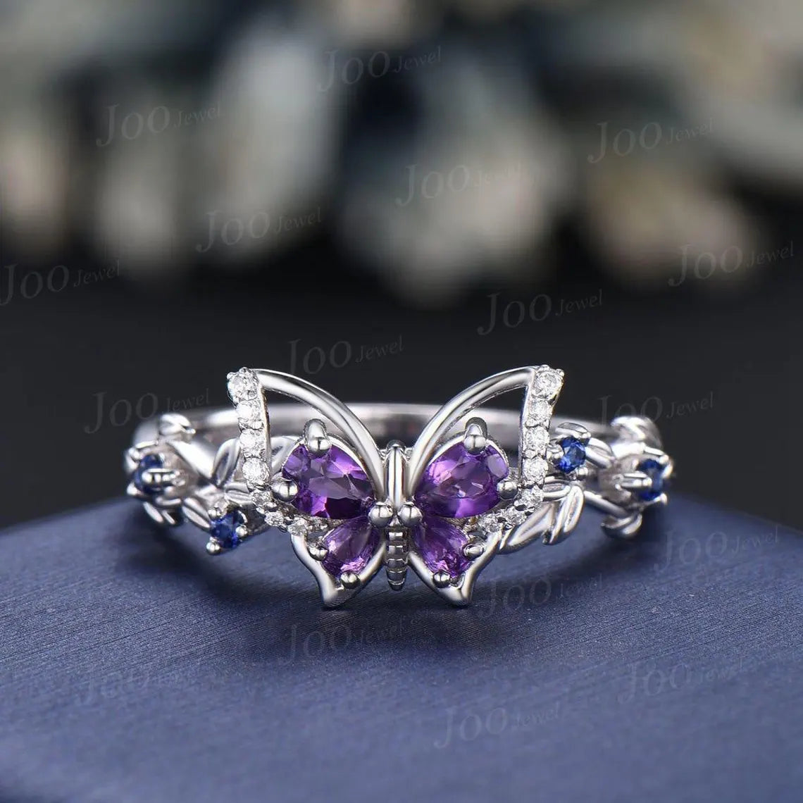 Nature Inspired Pear Natural Amethyst Ring Silver Butterfly Engagement Ring Leaf Vine Wedding Ring Unique February Birthstone Birthday Gifts
