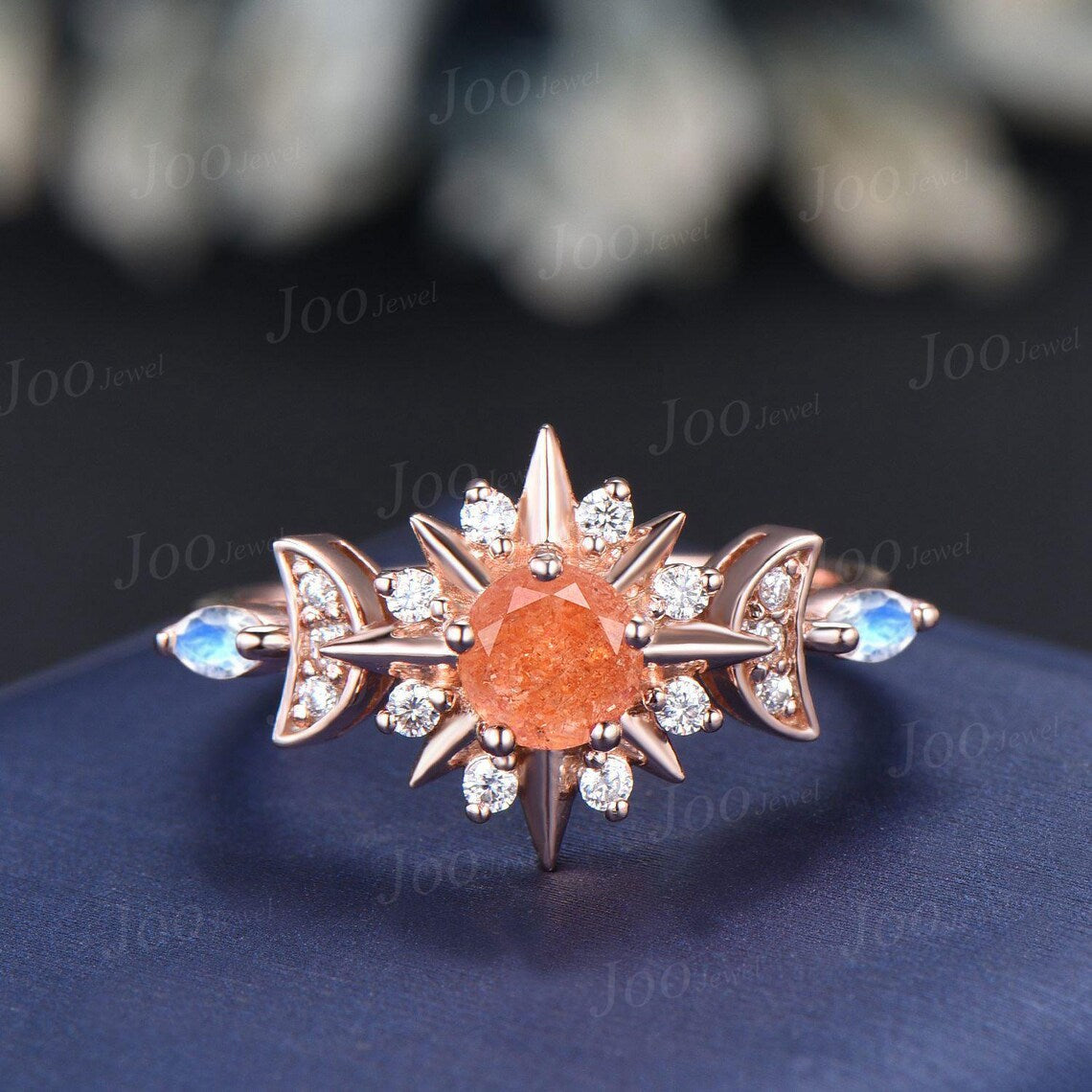 Round Cut Nature Sunstone Ring Sun Engagement Ring Orange Gemstone Jewelry Starburst Moon Ring for Women Unique Healing Stone Ring Gifts
