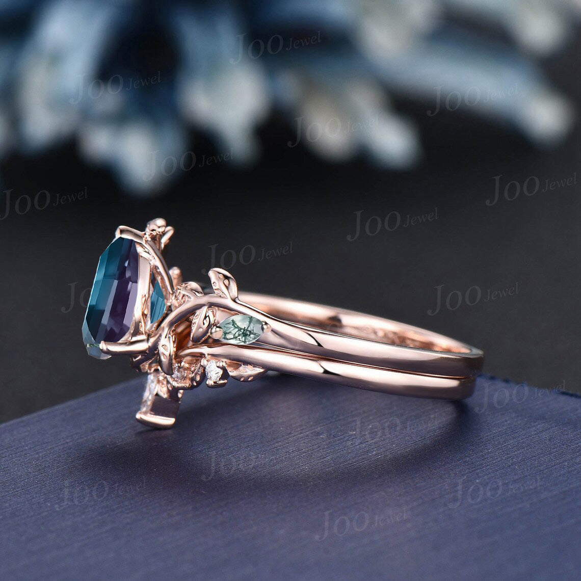 1.5ct Oval Alexandrite Moss Agate Bridal Ring Set Branch Leaf Vine Color-Change Alexandrite Engagement Ring Unique Wedding Anniversary Gifts