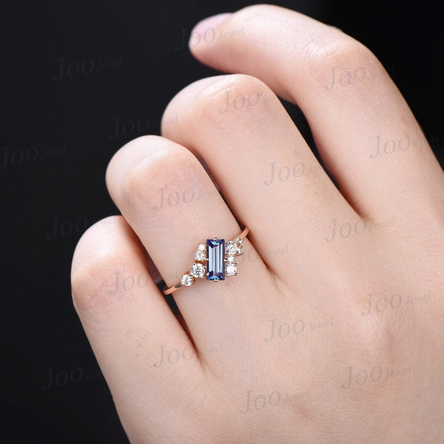 Cluster Alexandrite Engagement Rings Vintage Rose Gold Minimalist BaguetteCut Alexandrite Ring Rectangle Gemstone Moissanite Wedding Ring