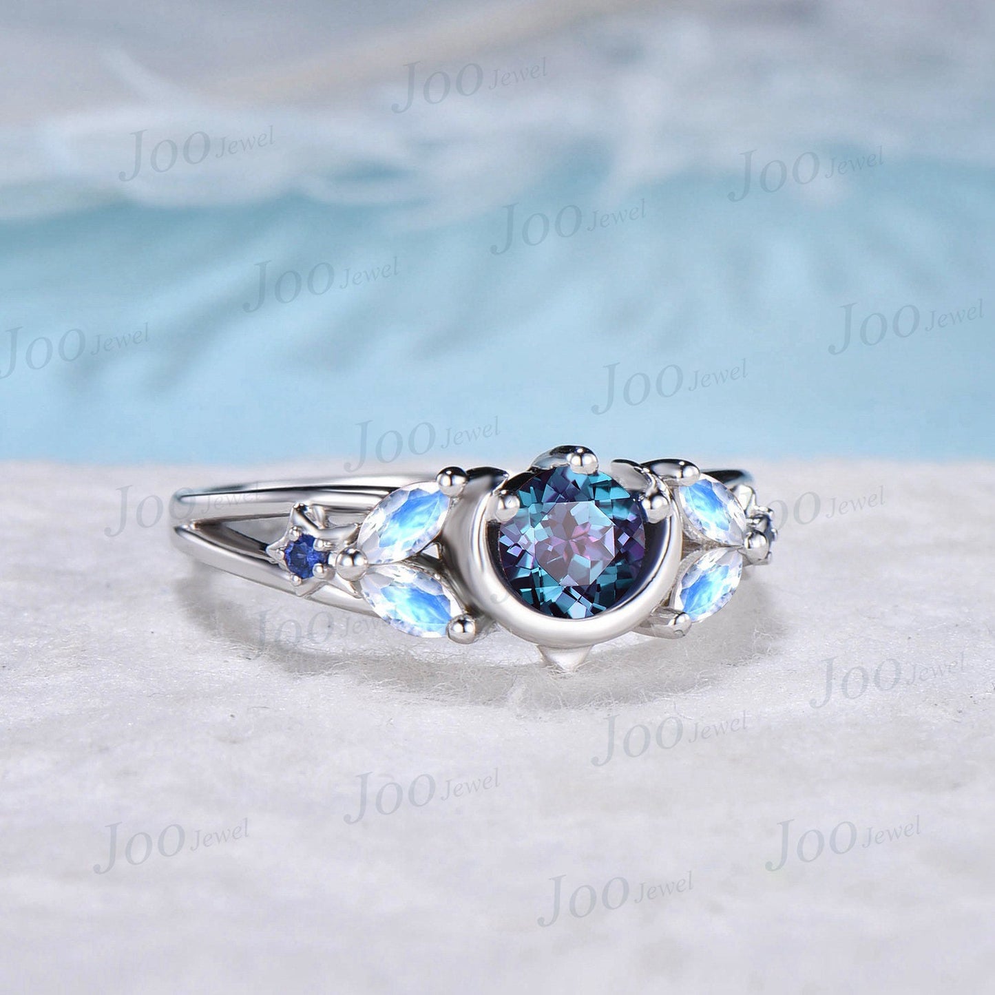 Color-Change Alexandrite Engagement Ring Half Moon Star Ring White Gold Split Shank Design Moonstone Celestial Wedding Ring Platinum Rings