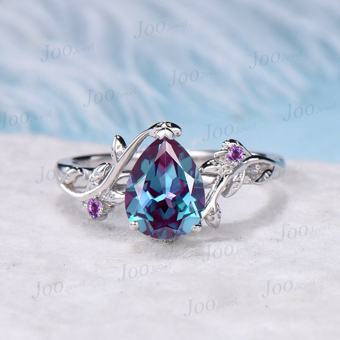 1.25ct Pear Shaped Alexandrite Ring Nature Inspired Alexandrite Promise Ring Leaf Vine Ring Set Twig Amethyst Ring Unique Anniversary Gifts