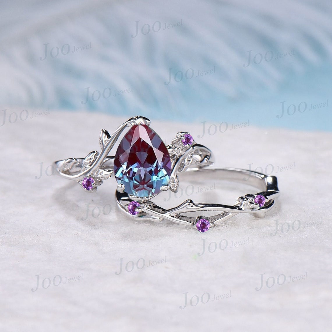 1.25ct Pear Shaped Alexandrite Ring Nature Inspired Alexandrite Promise Ring Leaf Vine Ring Set Twig Amethyst Ring Unique Anniversary Gifts