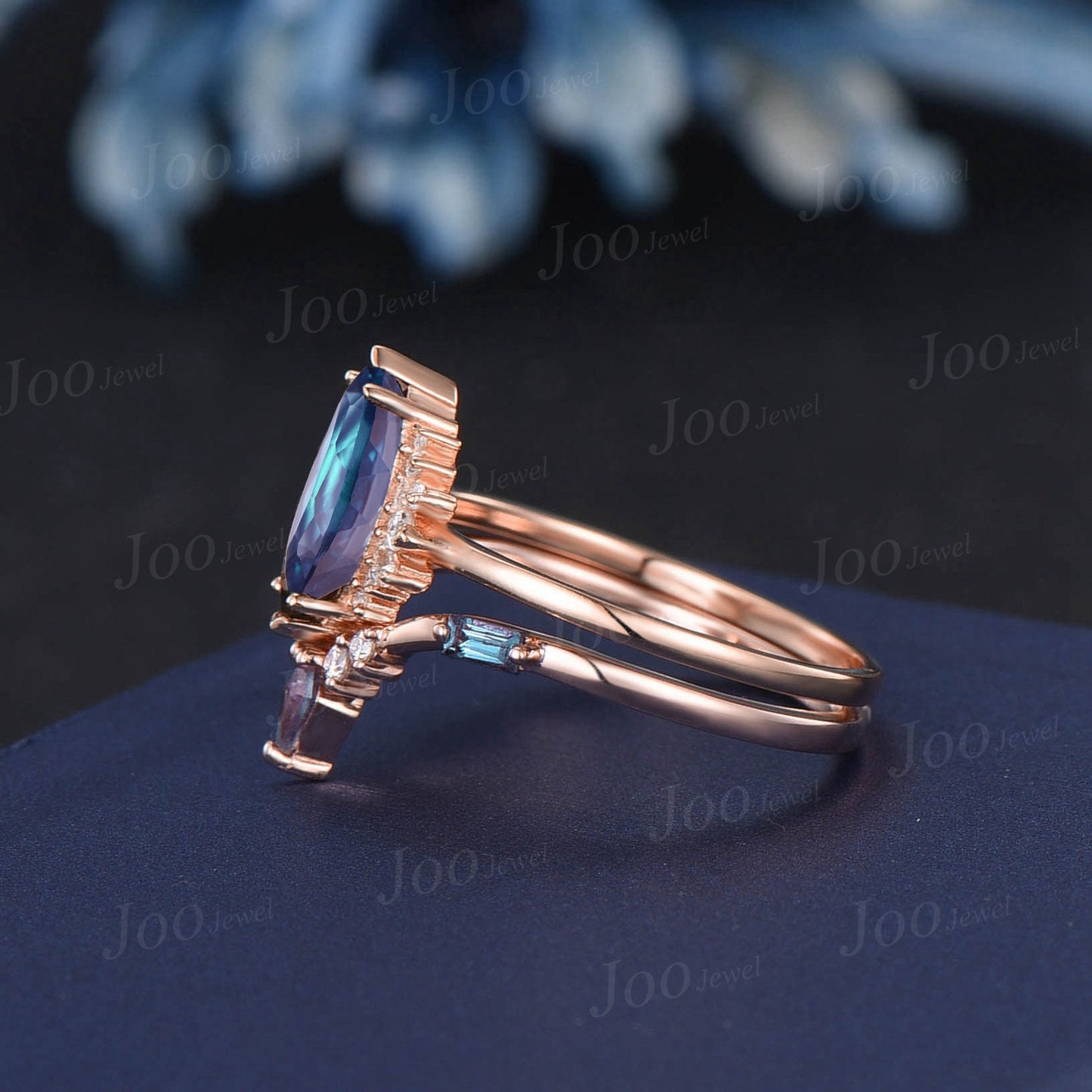 Marquise Cut Color-Change Alexandrite Ring Set Opal Moissanite Cluster Engagement Ring Unique Kite Alexandrite Wedding Ring Anniversary Gift