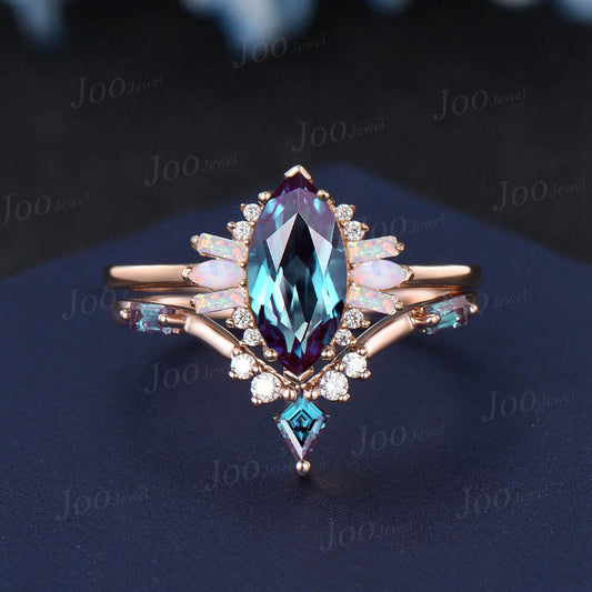 Marquise Cut Color-Change Alexandrite Ring Set Opal Moissanite Cluster Engagement Ring Unique Kite Alexandrite Wedding Ring Anniversary Gift
