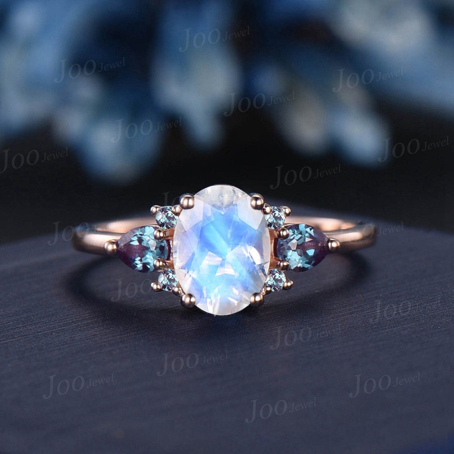 Oval Cut Natural Moonstone Alexandrite Engagement Ring Set 14K Rose Gold June Birthstone Wedding Ring Unique Vintage Style Gemstone Jewelry