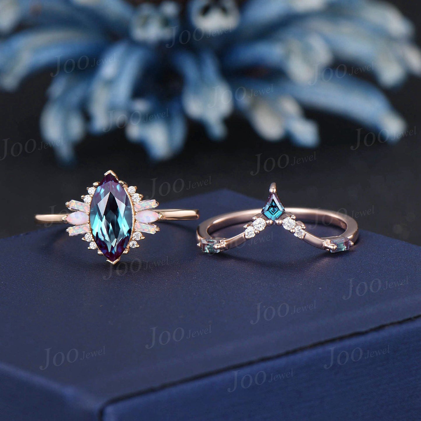 Marquise Cut Color-Change Alexandrite Ring Set Opal Moissanite Cluster Engagement Ring Unique Kite Alexandrite Wedding Ring Anniversary Gift
