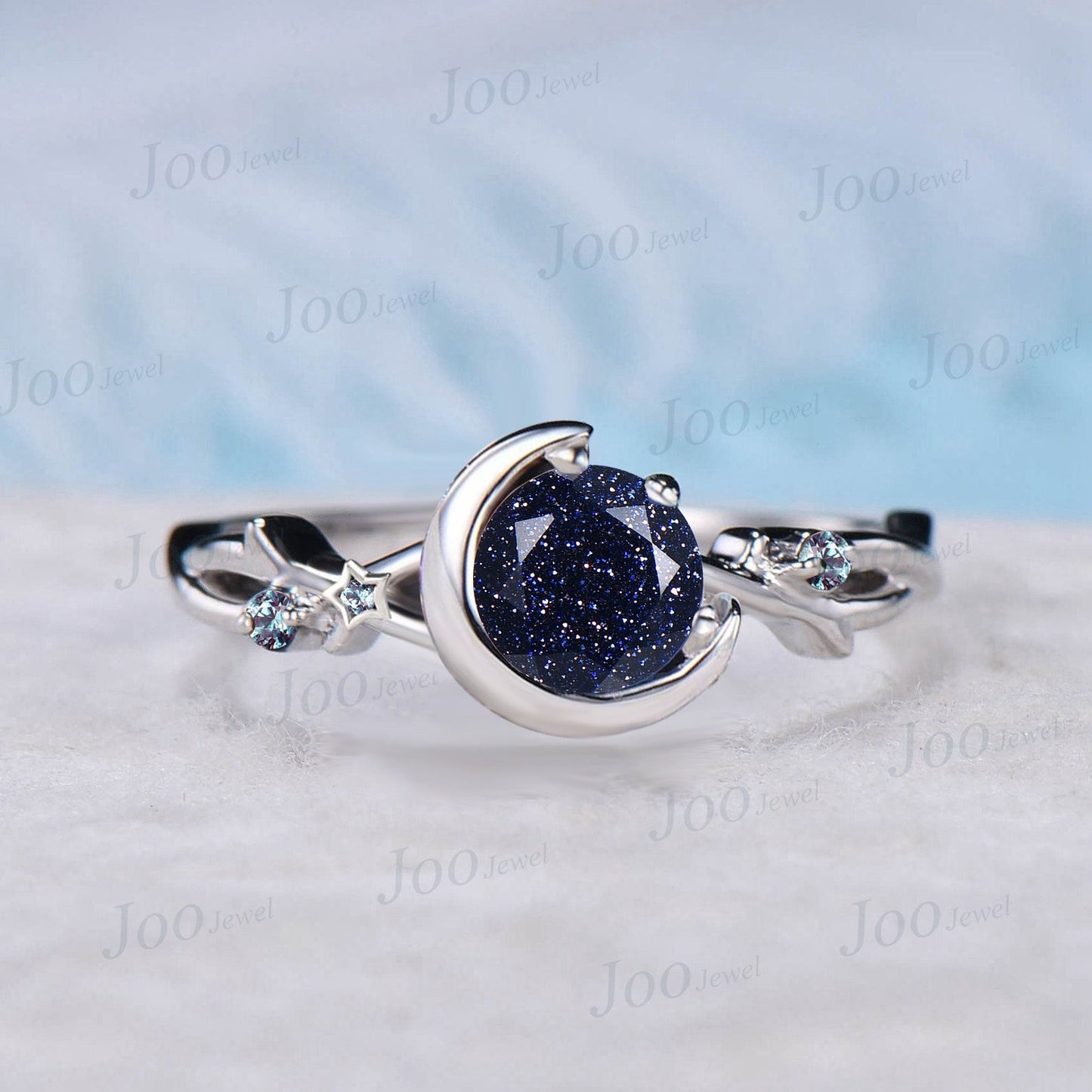 5mm/6.5mm Round Galaxy Blue Sandstone Moon Wedding Ring Starry Sky Cluster Alexandrite Twig Vine Blue Goldstone Ring Celestial Promise Ring