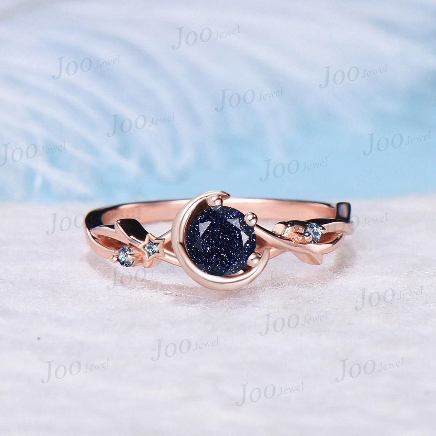 5mm/6.5mm Round Galaxy Blue Sandstone Moon Wedding Ring Starry Sky Cluster Alexandrite Twig Vine Blue Goldstone Ring Celestial Promise Ring
