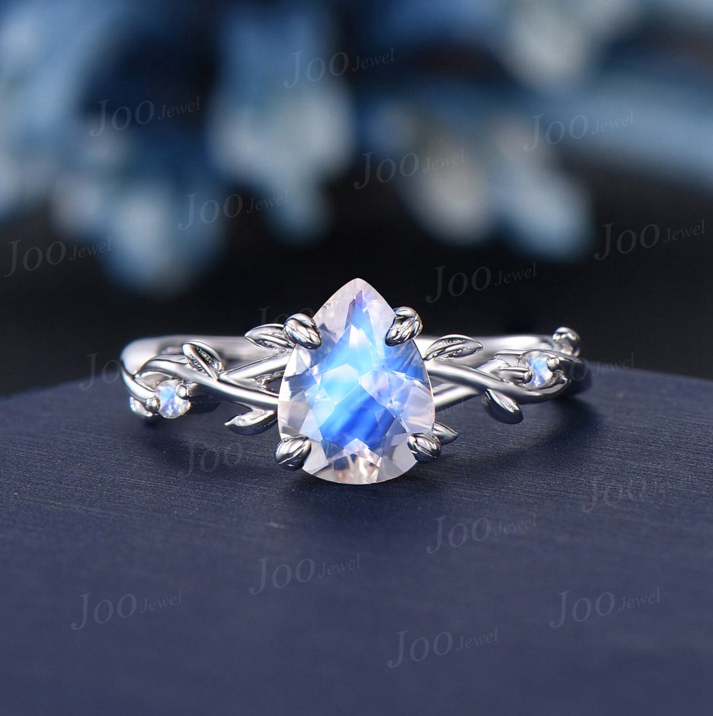 1.25ct Nature Inspired Pear Shaped Natural Moonstone Alexandrite Bridal Set Unique 14k White Gold Twig Vine Teardrop Wedding Proposal Ring