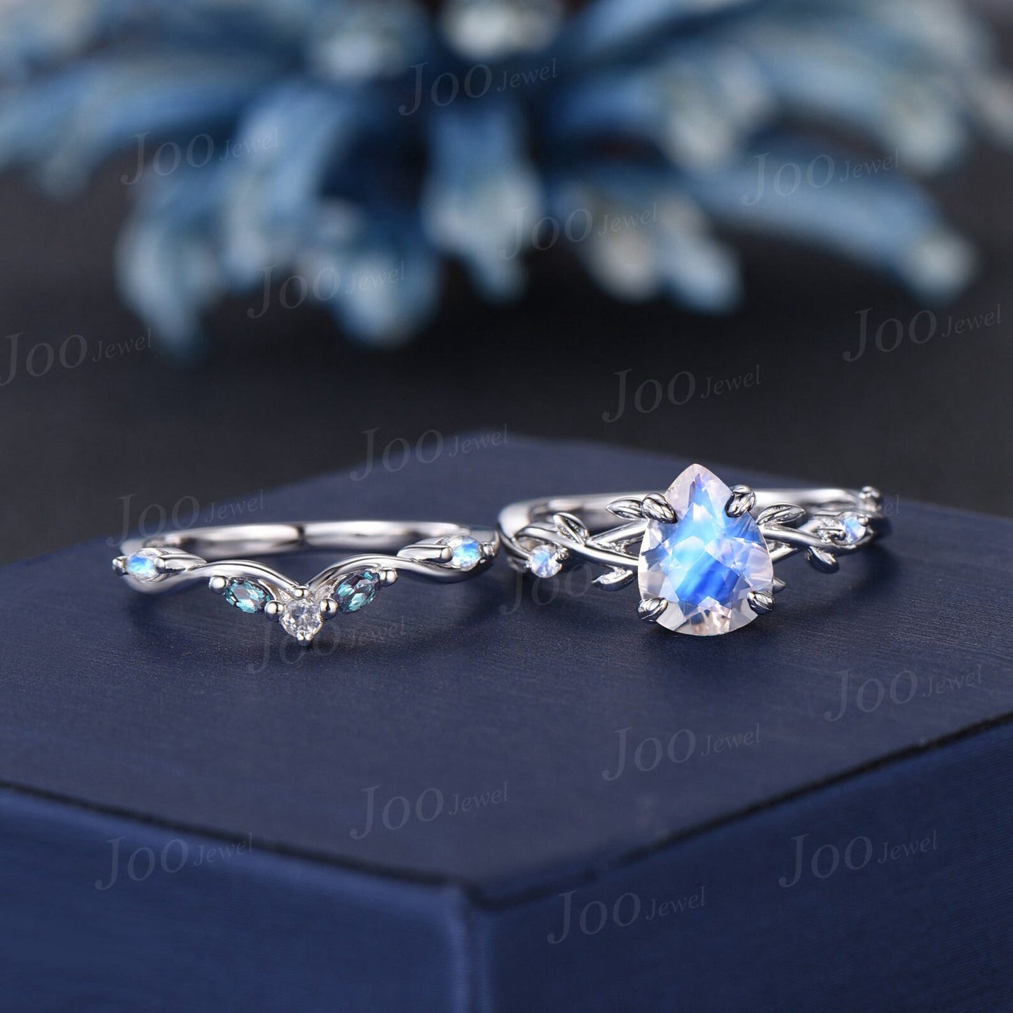 1.25ct Nature Inspired Pear Shaped Natural Moonstone Alexandrite Bridal Set Unique 14k White Gold Twig Vine Teardrop Wedding Proposal Ring