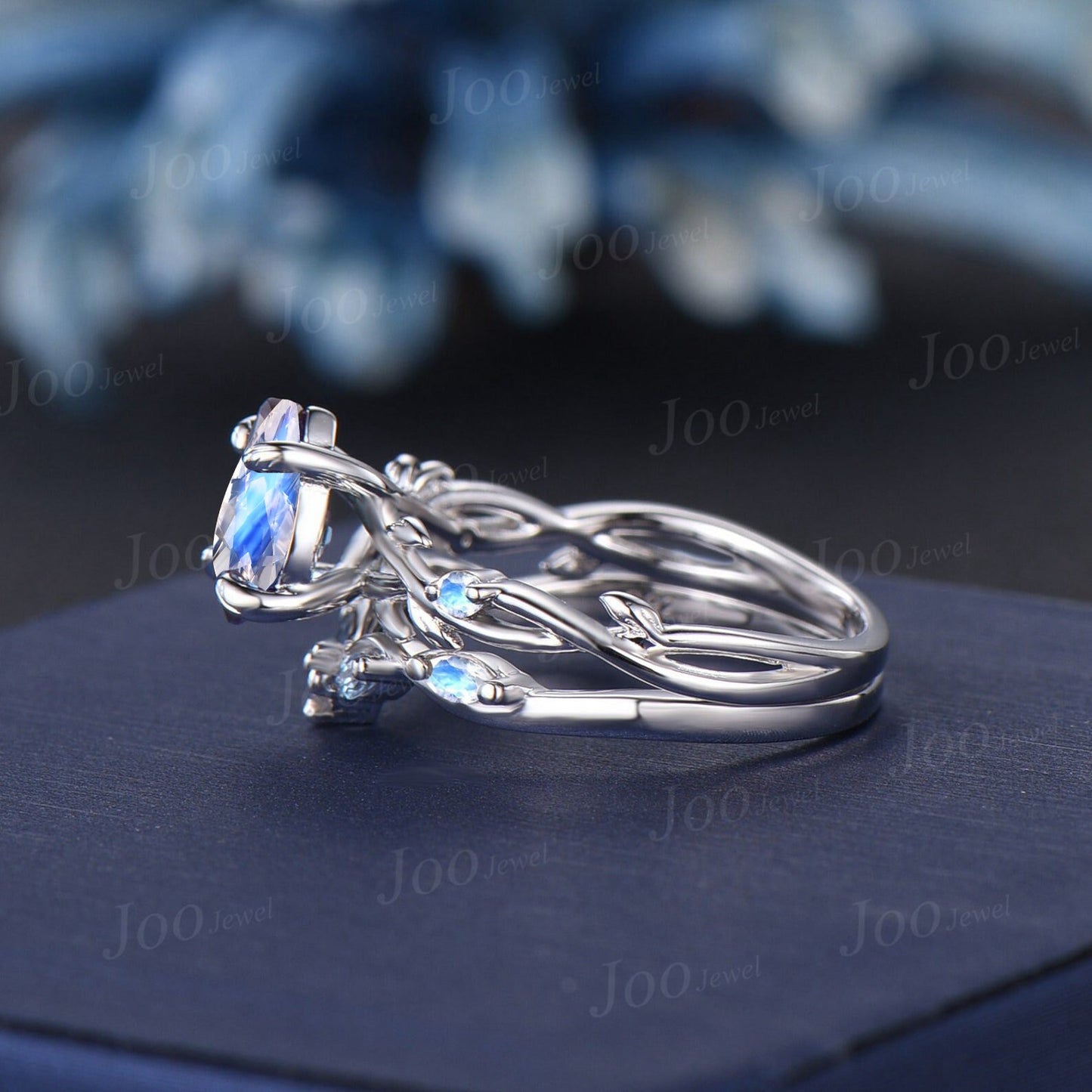 1.25ct Nature Inspired Pear Shaped Natural Moonstone Alexandrite Bridal Set Unique 14k White Gold Twig Vine Teardrop Wedding Proposal Ring