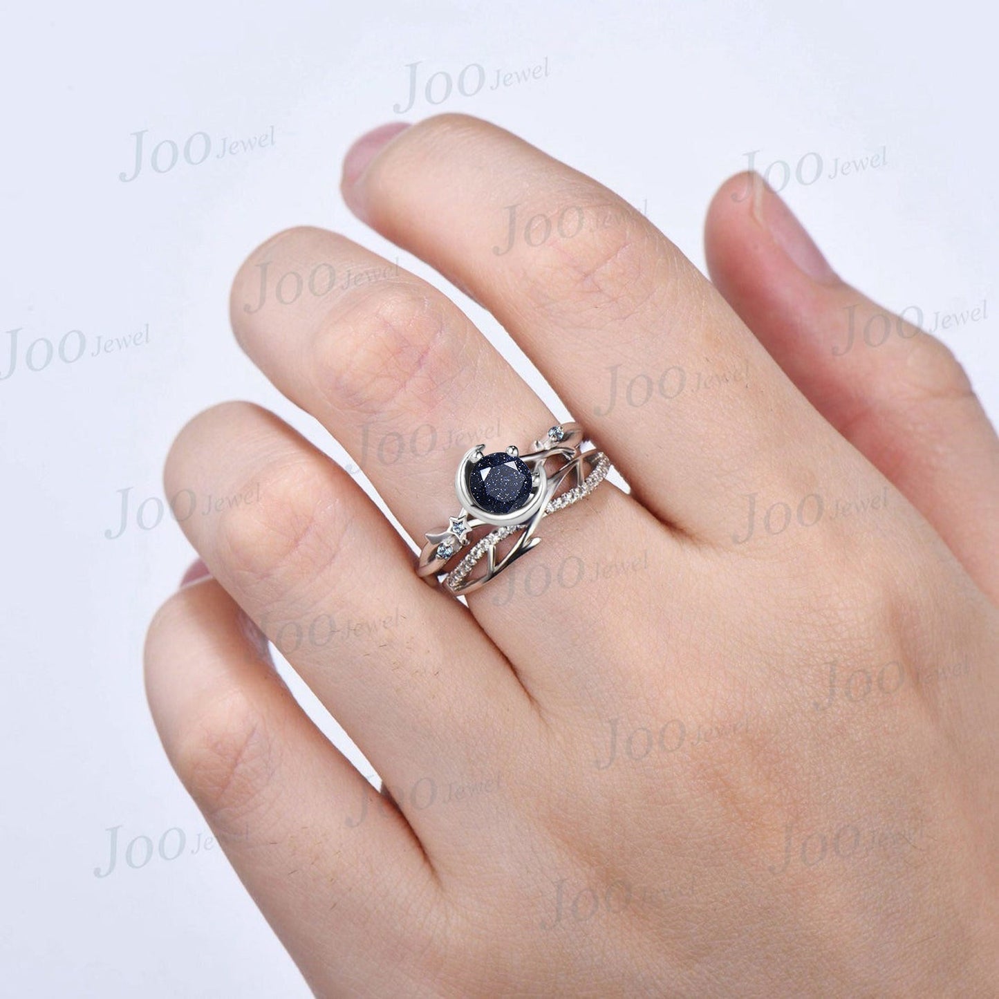5mm/6.5mm Round Galaxy Blue Sandstone Moon Wedding Ring Starry Sky Cluster Alexandrite Twig Vine Blue Goldstone Ring Celestial Promise Ring