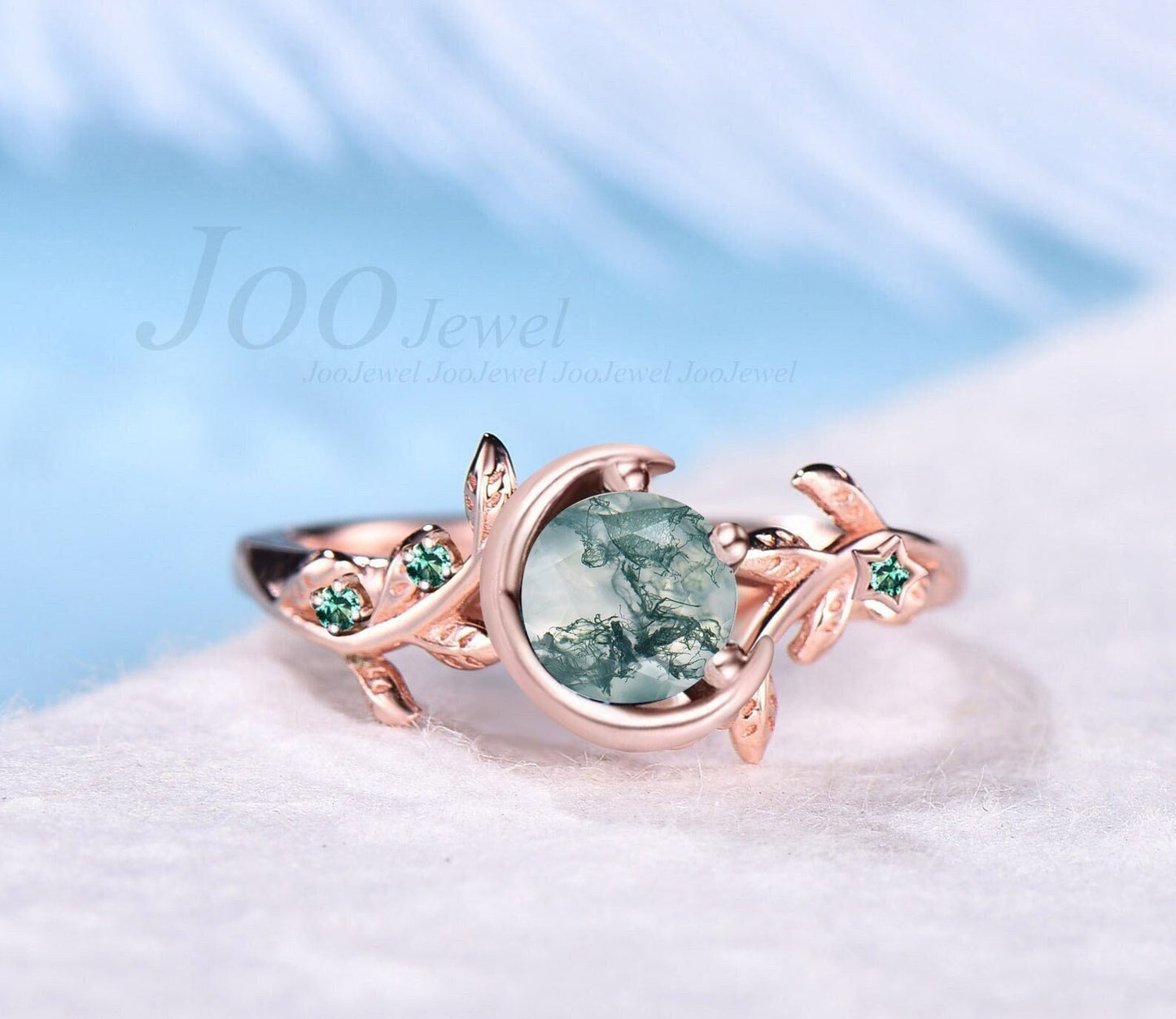 Nature Inspired Natural Moss Agate Ring Moon Star Design Vintage 5mm Round Moss Agate Engagement Ring Leaf Green Emerald Dainty Wedding Ring
