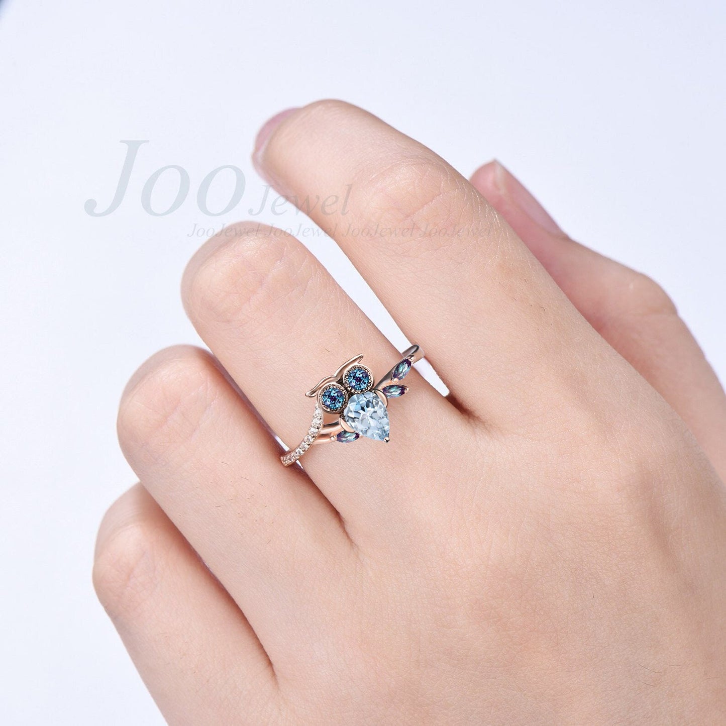 Unique Pear Cut Natural Blue Aquamarine Wedding Ring Antique Vintage Nature Inspired Alexandrite Owl on the Branch Twig Vine Engagement Ring
