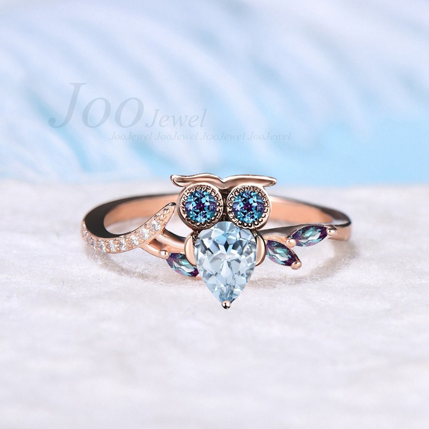 Unique Pear Cut Natural Blue Aquamarine Wedding Ring Antique Vintage Nature Inspired Alexandrite Owl on the Branch Twig Vine Engagement Ring