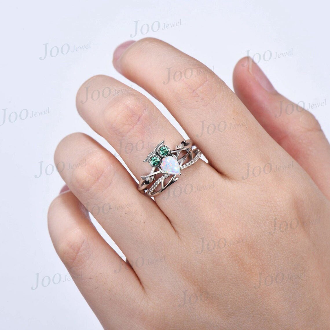Owl Twig Vine Engagement Ring 14K White Gold Art Deco Nature Inspired Green Emerald Opal Wedding Ring Unique Antique Bridal Anniversary Ring
