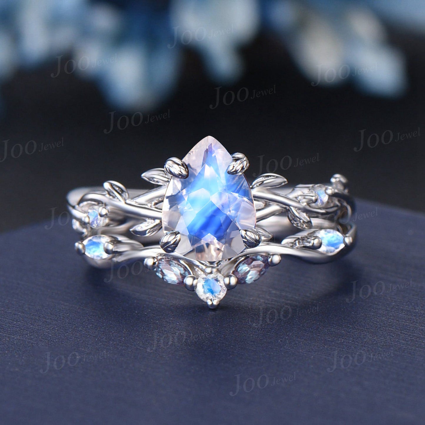 1.25ct Nature Inspired Pear Shaped Natural Moonstone Alexandrite Bridal Set Unique 14k White Gold Twig Vine Teardrop Wedding Proposal Ring
