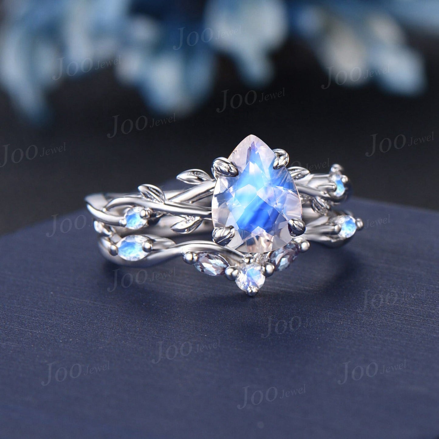 1.25ct Nature Inspired Pear Shaped Natural Moonstone Alexandrite Bridal Set Unique 14k White Gold Twig Vine Teardrop Wedding Proposal Ring