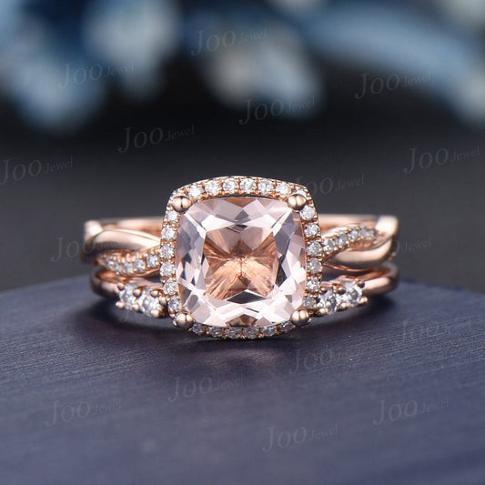 Infinity Morganite Bridal Set 10K Rose Gold Cushion Natural Peach Morganite Diamond Halo Wedding Ring Twist Half Eternity Anniversary Gifts