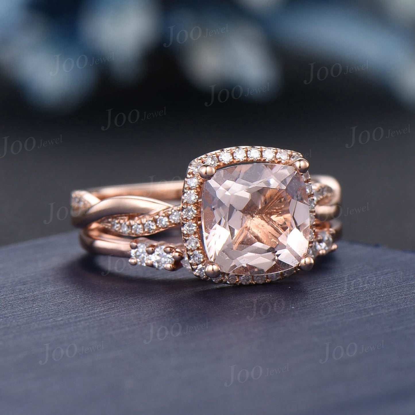 Infinity Morganite Bridal Set 10K Rose Gold Cushion Natural Peach Morganite Diamond Halo Wedding Ring Twist Half Eternity Anniversary Gifts