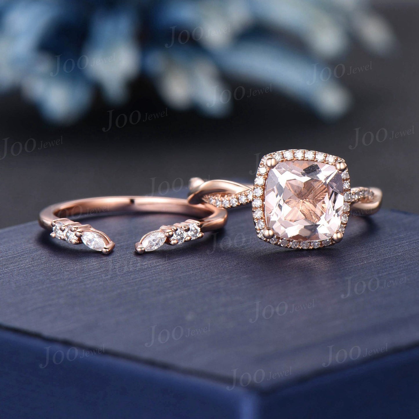 Infinity Morganite Bridal Set 10K Rose Gold Cushion Natural Peach Morganite Diamond Halo Wedding Ring Twist Half Eternity Anniversary Gifts