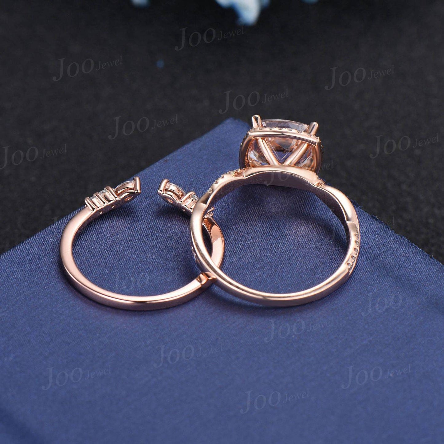 Infinity Morganite Bridal Set 10K Rose Gold Cushion Natural Peach Morganite Diamond Halo Wedding Ring Twist Half Eternity Anniversary Gifts