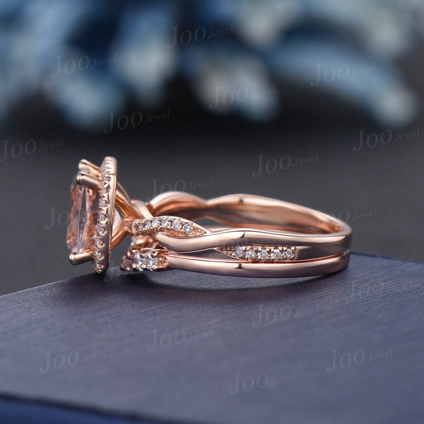 Infinity Morganite Bridal Set 10K Rose Gold Cushion Natural Peach Morganite Diamond Halo Wedding Ring Twist Half Eternity Anniversary Gifts