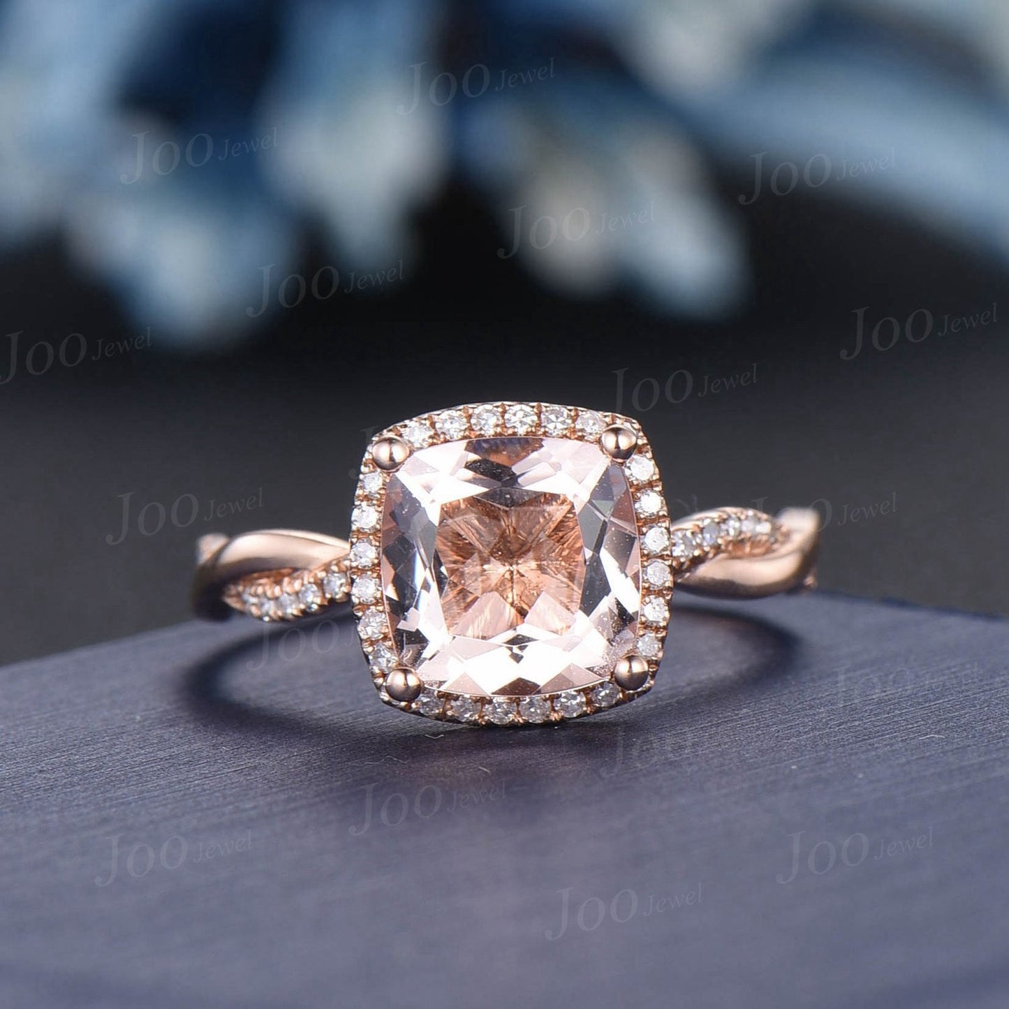 Infinity Morganite Bridal Set 10K Rose Gold Cushion Natural Peach Morganite Diamond Halo Wedding Ring Twist Half Eternity Anniversary Gifts