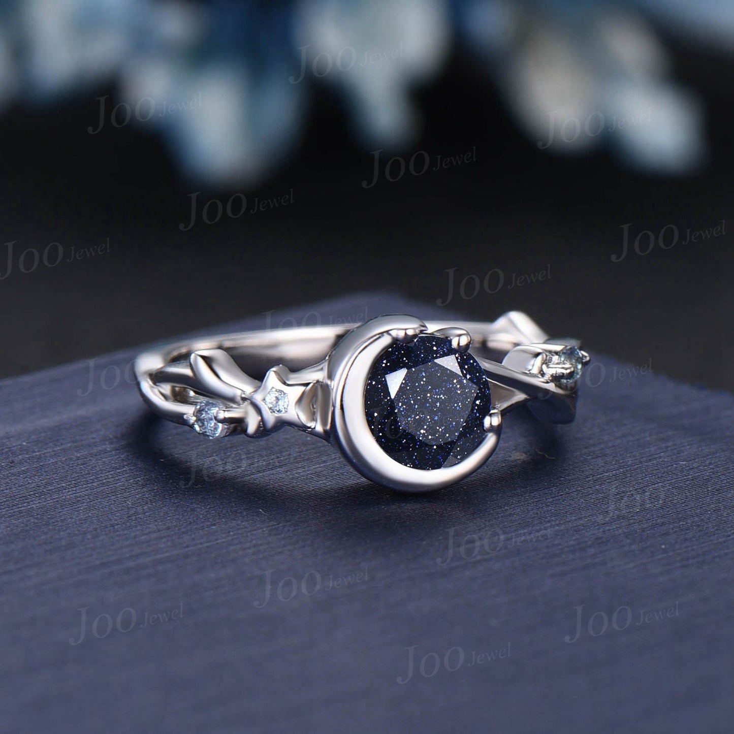 5mm/6.5mm Round Galaxy Blue Sandstone Moon Wedding Ring Starry Sky Cluster Alexandrite Twig Vine Blue Goldstone Ring Celestial Promise Ring