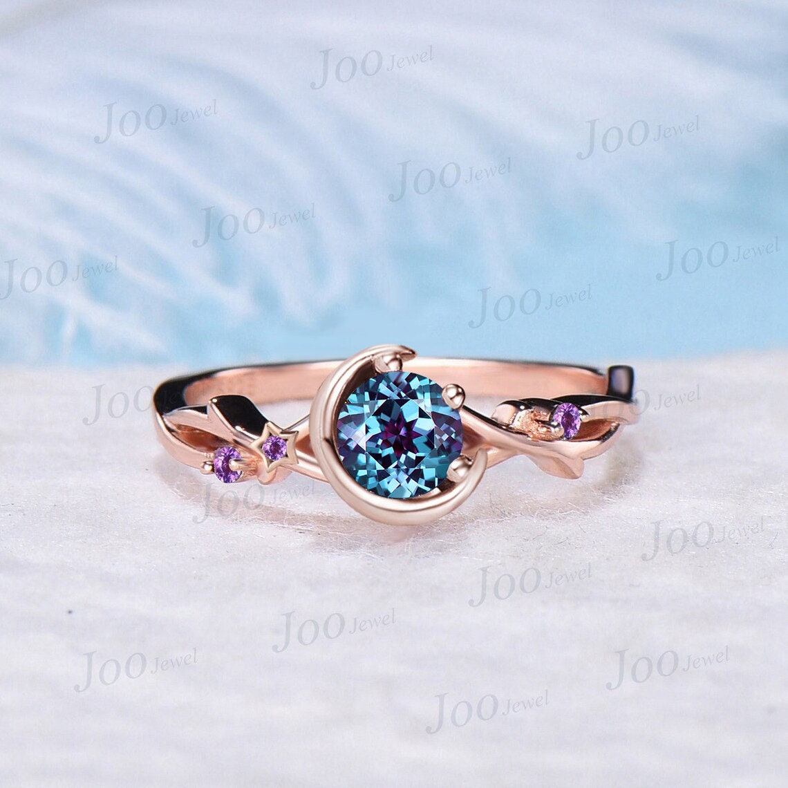 5mm Round Twig Vine Color-Change Alexandrite Wedding Ring 14K Black Gold Moon Star Design Cluster Amethyst Ring Celestial Moon Promise Ring