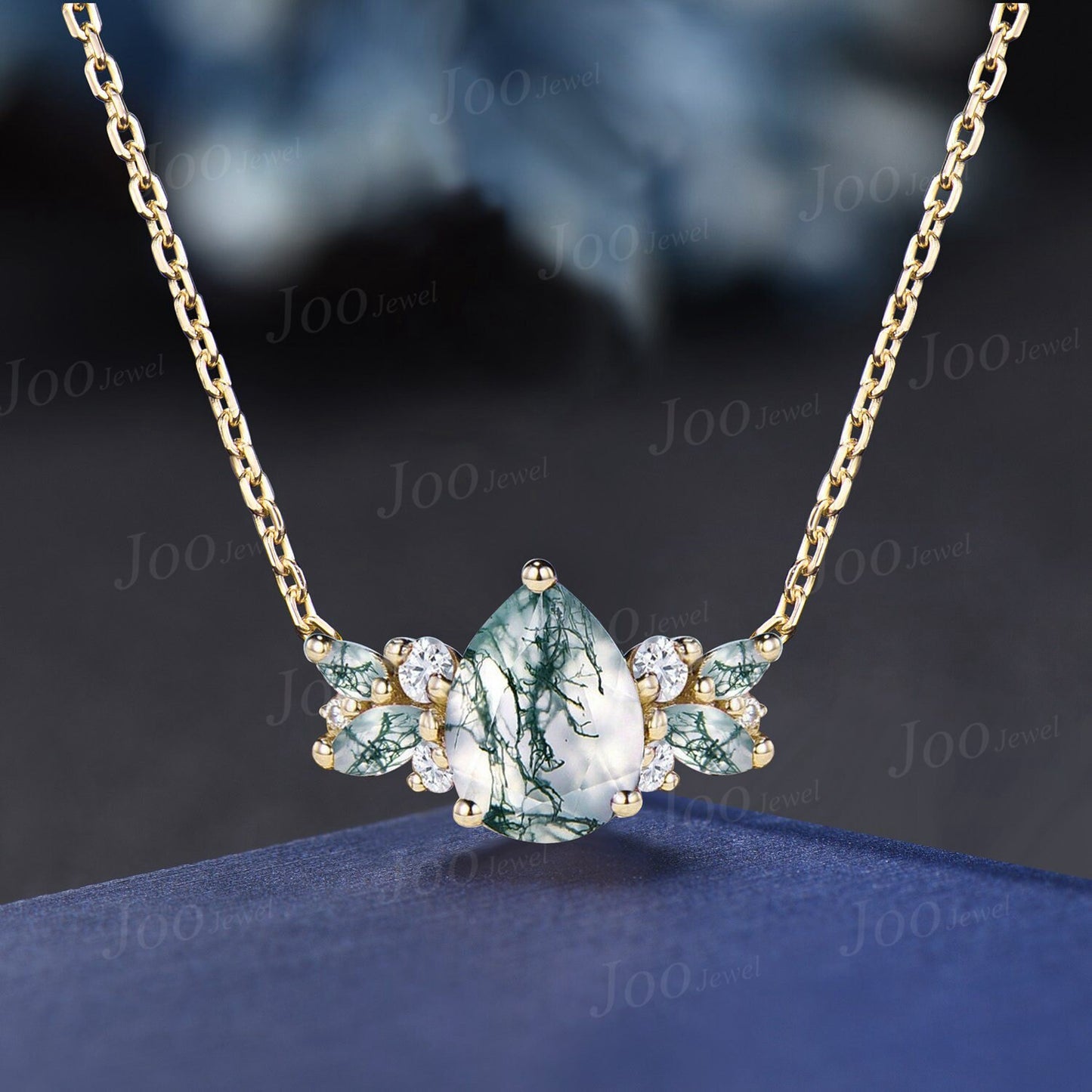 1.25ct Natural Pear Moss Agate Necklace 14K Rose Gold Green Gemstone Necklace Vintage Cluster Marquise Moss Agate Moissanite Chain Pendants