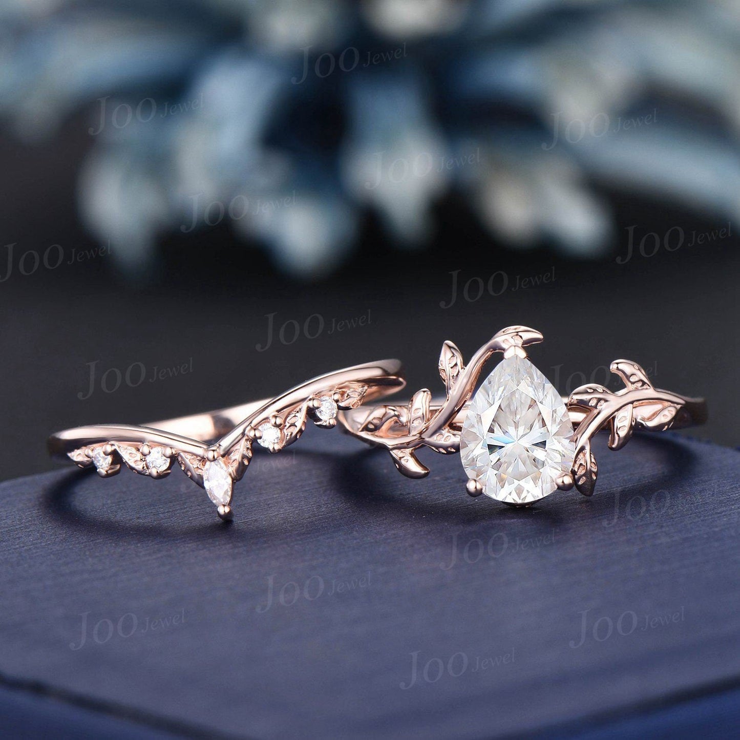 1.25CTW Pear Diamond Engagement Ring Set Nature Inspired Lab Grown Diamond Wedding Ring 18K Rose Gold Diamond Bridal Ring with IGI Certificate